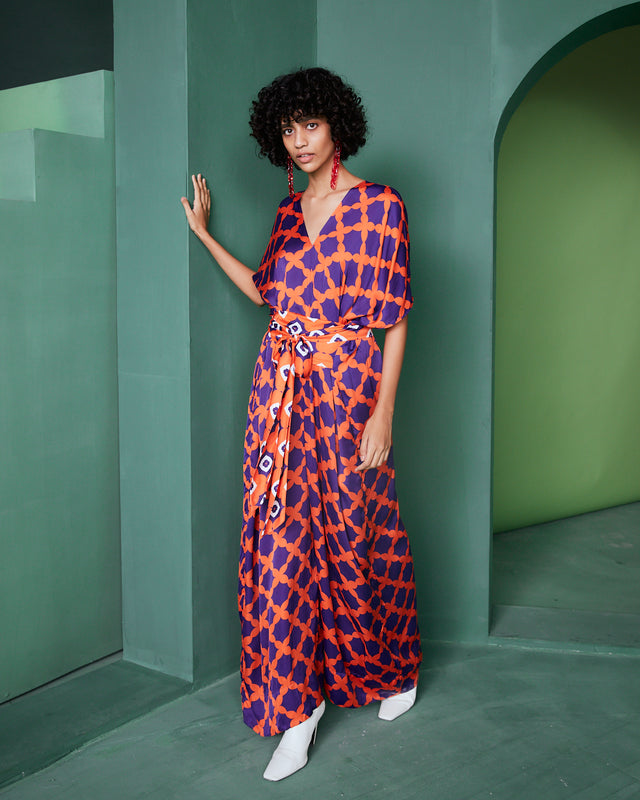 TIE UP JUMPSUIT IN MESH PRINT