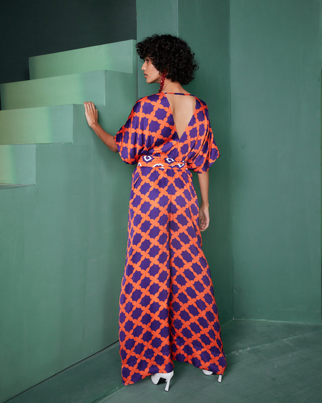 TIE UP JUMPSUIT IN MESH PRINT