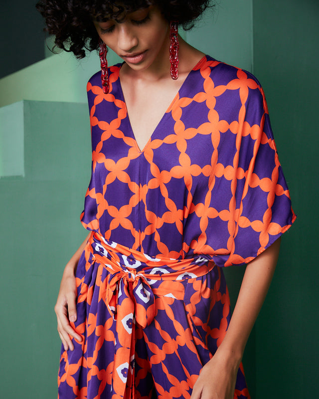 TIE UP JUMPSUIT IN MESH PRINT